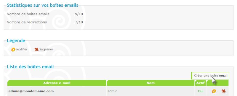 Création d’une boite email personnalisée ou d'une redirection email.